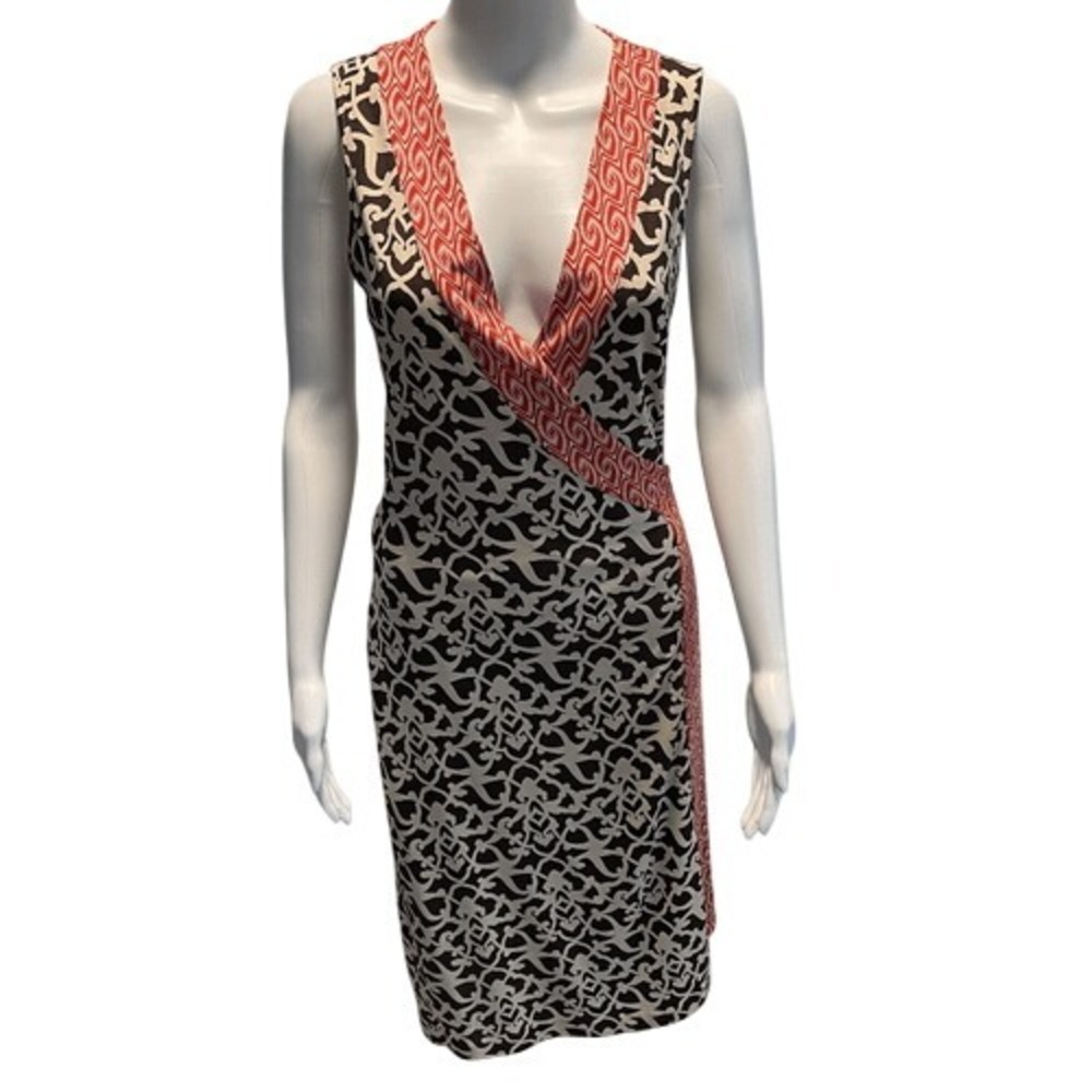 DVF Sleeveless Wrap Dress Black Red Print Lightweight Cotton Blend Size (See)